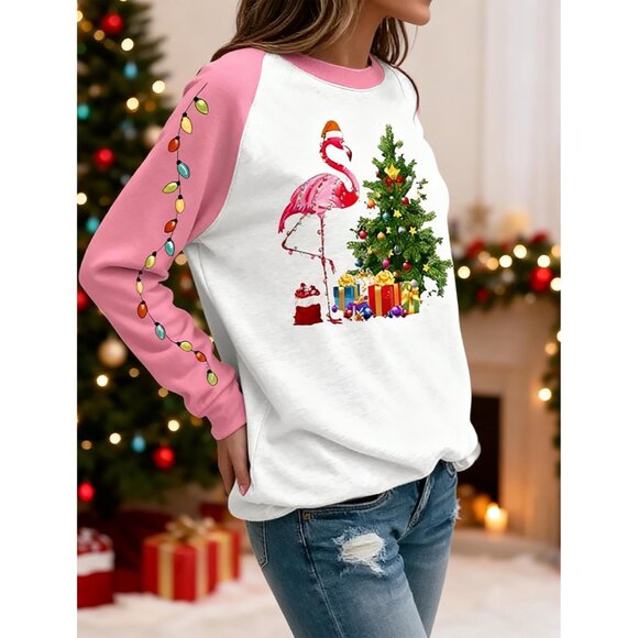 Women Christmas Flamingo Sweatshirt Cotton Blend Long Sleeve Casual Top - Picture 4 of 6